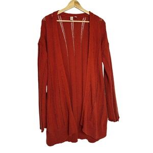 Meadow Rue Anthropologie S Long Open Knit Cardigan Sweater Tie Waist Rust Orange